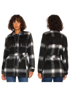 New Mother Fringe Plaid Flannel Coat Shirt Jacket Shacket Western Boho XS